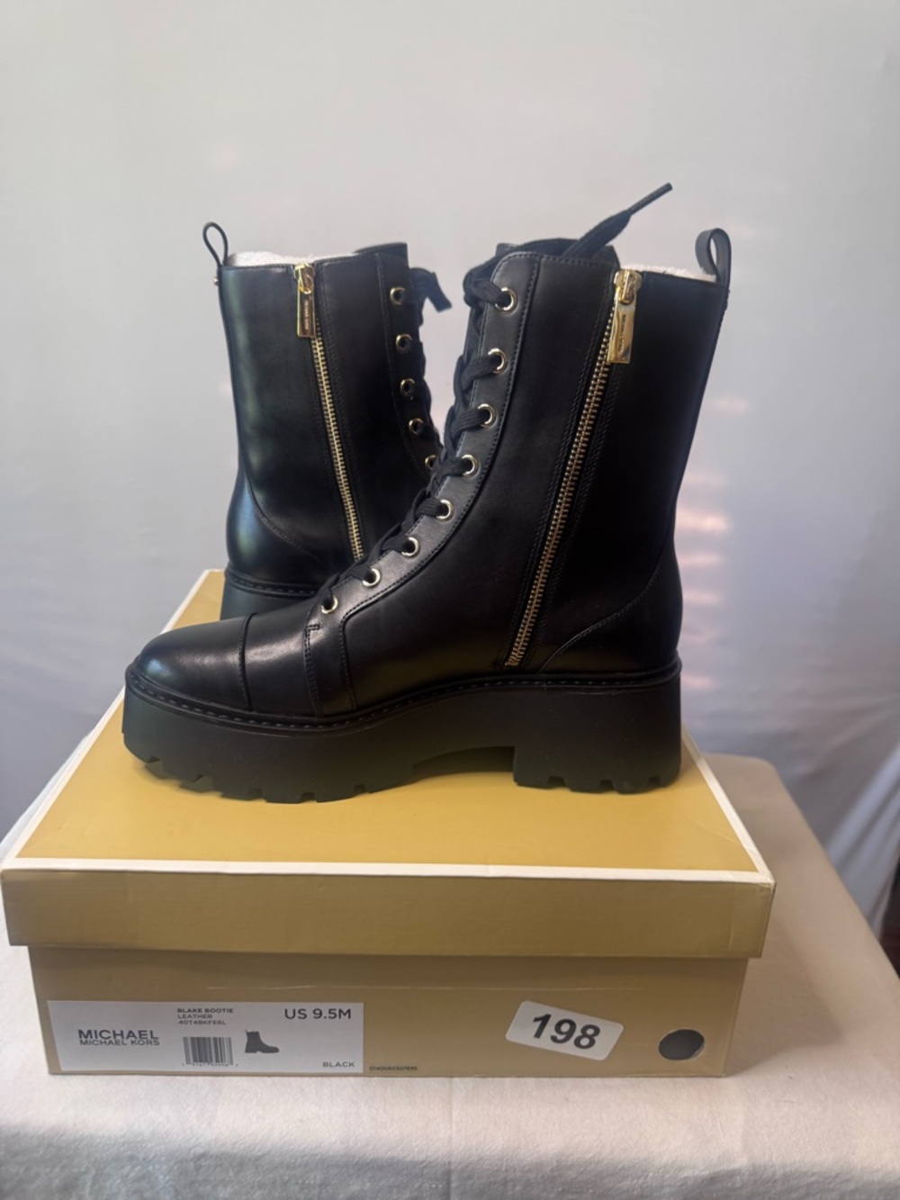 Michael Kors Black Blake Boot Lace-Up Platform Combat Boots with Gold Zippers